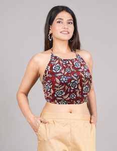 Maroon cotton handblock printed <b>sleeveless</b> backless <b>blouse</b> with a round neck styled in free size fit <b>for</b> soft easy everyday wear - Product Image 5