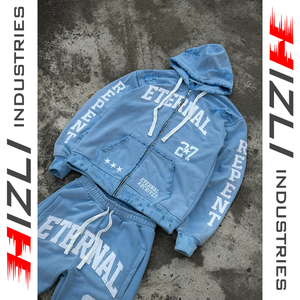 Ensemble jogging et sweat à capuche oversize en molleton bouclette uni avec fermeture éclair, qualité supérieure, style streetwear déchiré pour homme - Product Image 3
