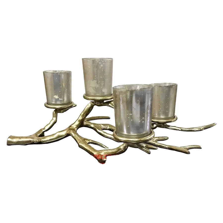 Luxury Tree Branch Shape T Light Candle Holder Với Thủy Tinh Vàng Mã Thiết Kế Thanh Lịch Bảng Trang Trí Kim Loại T Light Candle Branch