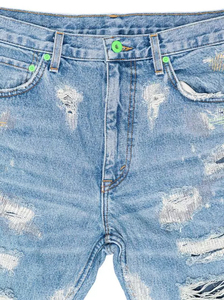 Jeans en denim pour homme de haute qualité, à taille mi-haute, avec broderie, coupe évasée, effet empilé, style vintage, super déchiré, personnalisé - Product Image 4