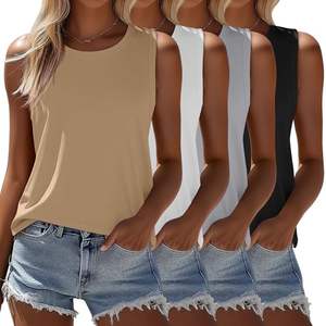 Ficerd, paquete de 4 camisetas sin mangas de verano para mujer, Camiseta holgada de color sólido sin mangas, camiseta informal de punto con cuello redondo - Product Image 5