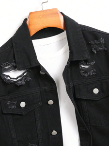 Veste en jean vintage unisexe de haute qualité, noire, manches longues, déchirée, effilochée, poche rabattable, écologique, coupe-vent, tendance printemps - Product Image 2
