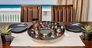 Juego de cena de cobre de acero en relieve tradicional indio hecho a mano, hermosa vajilla de regalo con cuencos Thali, cuchara de vidrio - Product Image 6