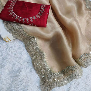 Bangalore Unstitched Satin Organza Silk Saree with Bright Sequins Embroidery and Pure Satin Blouse Including an Ethnic <b>Bandana</b> - Product Image 1