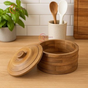 Couvercle rond de forme de casserole en bois massif fabriqué à la main directement du fournisseur indien pour le récipient de stockage des aliments de cuisine - Product Image 2