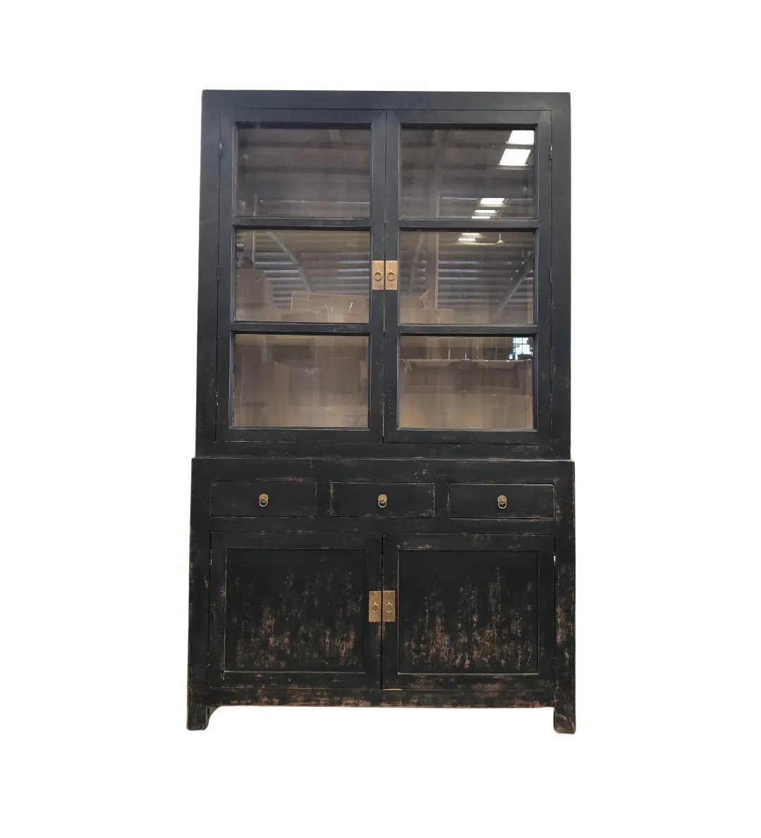 アンティーク中国卸売家具リサイクル木製リビングルーム黒ガラスディスプレイキャビネット