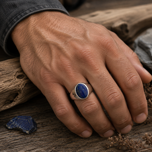 Bague en Lapis Lazuli Naturel Bleu Royal, Pierre Précieuse Ovale 10x14mm, en Argent Sterling 925, Inspirée d'un Chevalière, Massif, Taillée et Polie à la Main - Product Image 3
