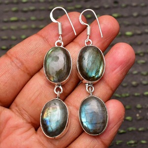925 Sterling <b>Silver</b> Plated Bohemian Style <b>Earrings</b> Fashionable Blue Labradorite Gemstone Natural Stone Bezel Anniversary Supply - Product Image 1