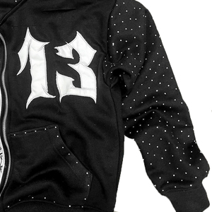 Ropa de calle personalizada para hombre French Terry recortada Raw Hem Hoodie parche desgastado bordado completo diamantes de imitación corte liso teñido primavera - Product Image 4