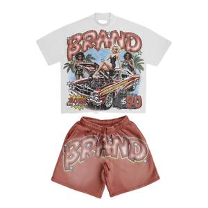 Ensemble T-shirt et short d'été personnalisé avec impression DTG délavée à l'acide, 2 pièces, mélange polyester/coton, séchage rapide, streetwear décontracté, mode pour hommes - Product Image 5