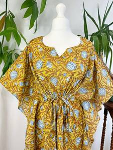 ชุดกิโมโนผ้าฝ้ายแท้พิมพ์ลายดอกไม้สไตล์อินเดียสำหรับฤดูร้อนชุดคลุมชายหาดชุดคลุมคลุมสำหรับคุณแม่สีเหลืองดิน - Product Image 3