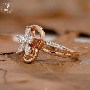 Anillos de compromiso minimalistas para mujer, con forma de flor, oro rosa macizo de 14K y 18K, diamantes cultivados en laboratorio con forma marquise y redonda, anillo de boda. - Product Image 2