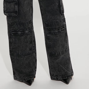 Ropa informal negra lavada con ácido de alta calidad, pantalones vaqueros Cargo de pierna ancha para mujer, pantalones vaqueros elásticos favorecedores para todos los días para mujer - Product Image 4