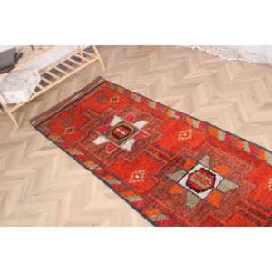 Vintage Turkish <b>Rug</b>, 2.8x10 ft <b>Runner</b> <b>Rug</b>, Orange Brown Check Wool <b>Rug</b> - Product Image 4