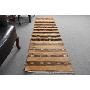 Vintage Kilim Rug 2x7.4 ft, <b>Brown</b> Yellow Floral <b>Wool</b> Turkish Rug - Product Image 3