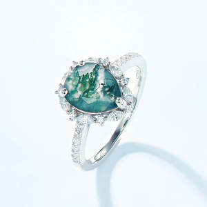 Anillo de compromiso de ágata de musgo verde de corte brillante de pera y Diamante Anillos de compromiso vintage de Plata de Ley 925 para mujer - Product Image 2