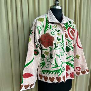 Boho Chic Retro Chic Women's Free Size <b>Jacket</b> Hand Embroidered <b>White</b> Floral Velvet Suzani Open Front Winter Coat with Robe Style - Product Image 5