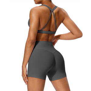 Short de Yoga de Compression respirant pour femmes ensemble de soutien-gorge séchage rapide extensible coupe en V Scrunch dos Fitness vêtements de sport avec doublure en Spandex - Product Image 5