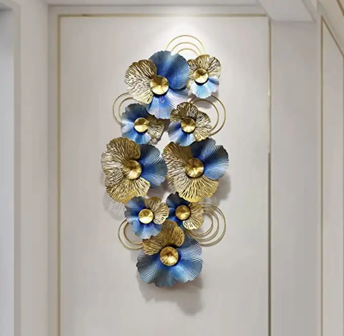 Home Decorative Metal Wall Arts Blue And Gold Floral Mounted Wall Arts And Canvas On High Sale Office Home Panel Easy Fix Art