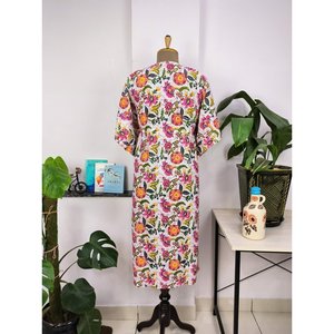 Boho-Stil Indische Handbedruckte <b>Kaftan</b>-Kleid Weisse Und Rosa Blumenblten Atmungsaktiver Und Leichter Swimsuit Cover Ups - Product Image 5