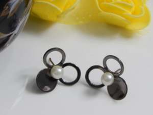 Silver Plated Brass Stud <b>Earrings</b> with Floral Design and Single White <b>Pearl</b> Accent Elegant Timeless Look for Women for Parties - Product Image 3