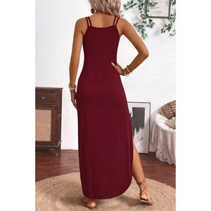 Women's Strappy V-Neck Long <b>Viscose</b> <b>Dress</b> with Side Slit, 37138 - Burgundy - Product Image 3