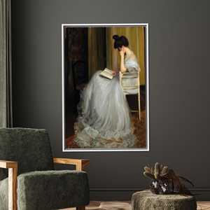 Élégance vintage : Tableau mural imprimé sur toile d'une dame lisant, encadré blanc - Product Image 1
