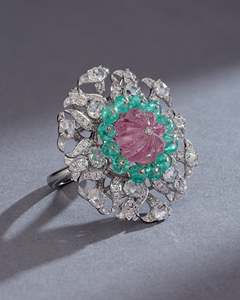 Exquisite Floral Diamond Emerald Bead and Pink Gemstone <b>Statement</b> <b>Ring</b> in White Gold - Product Image 1