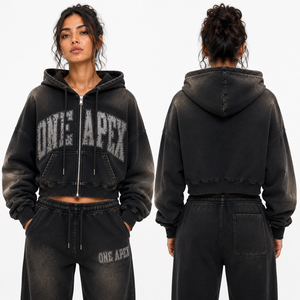 Custom <b>Women</b> Oversized Cropped Zipper Hoodie <b>Black</b> Acid Wash Heavyweight Cotton Streetwear <b>Sweatshirt</b> OEM ODM - Product Image 2