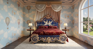 <span class=keywords><strong>Cama</strong></span> con Dosel Estilo Castillo Gótico con Tallado Plateado y Escultura de Ángel, Estructura de <span class=keywords><strong>Cama</strong></span> Azul Real para Hotel Temático o Villa Medieval - Product Image 5