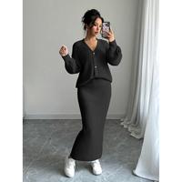 Ensemble pull et pantalon en maille décontracté pour femme, col en V, boutonné, longueur cheville, blanc, anti-plis, collection hiver