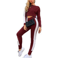 Conjunto Deportivo de 2 Piezas para Mujer, Transpirable, de Spandex y Poliéster, Top Corto de Manga Larga con Franja Lateral y Leggings hasta el Tobillo