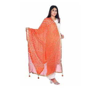 Acheter Orange Colored Bandhani Dupatta Art Silk Made Gota Bandhej Hijab Scarf For Girls & Women Wearing Uses