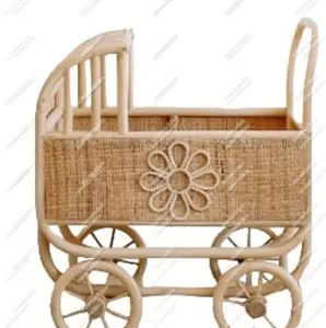 Top Selling Toys Baby Stroller Rattan Trolley For Boy And Girl Handmade Wicker Toy Wagon Cart Prams With Rolling Wheels