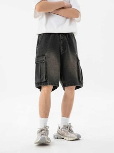 Short en jean lavé tricoté et respirant pour hommes, grande poche stéréoscopique brodée, côté ample, léger, été décontracté - Product Image 5