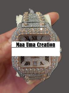 Montre de luxe entièrement sertie de diamants Moissanite VVS, cadran analogique en acier inoxydable, mouvement à quartz - Product Image 1