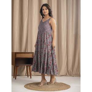 เดรสผ้าฝ้ายมัลมัลสีเทา สายผูกไหล่ พิมพ์ลายบล็อกด้วยมือ สไตล์ลำลอง เอวธรรมชาติ ระบายอากาศได้ดี - Product Image 6