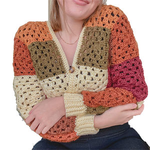 Suéter de algodón de punto abierto de lujo para mujer, estilo de cuello redondo y logotipo personalizado, cárdigan cuadrado acogedor, suéter de punto - Product Image 3