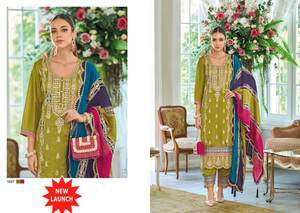Tela de Seda Chinon Premium con Bordado Pesado y Trabajo de Lentejuelas, Salwar Kameez Ligero y Lujoso con Tallas Grandes y Colores Disponibles - Product Image 5