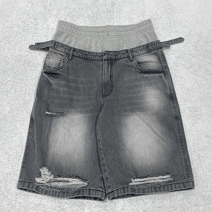 OEM Custom Streetwear Double Waist Denim <b>Short</b> Pants Distressed Acid Wash <b>Vintage</b> Patchwork Jorts Sun Faded Jeans <b>Shorts</b> <b>Men</b> - Product Image 1