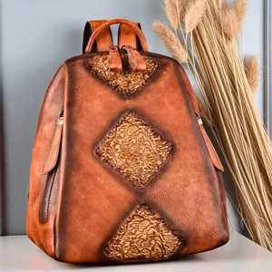 Hand Tooled 100% Genuine Leather External Frame Backpack Western Florals Carving <b>Waterproof</b> Anti-Theft Travel Luxury Rucksack - Product Image 2