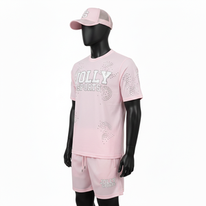 Ensemble de vêtements de sport pour homme en polyester de haute qualité et short en mesh 180 GSM léger rose avec logo thermocollé Ensemble de jogging pour homme - Product Image 4