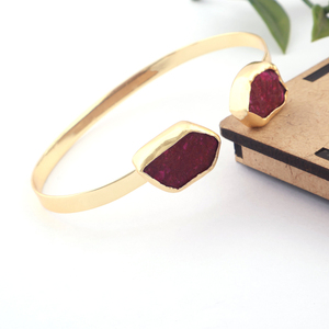 Statement Gift Jewelry Double Stone Dyed <b>Ruby</b> Collet Setting Cuff <b>Bracelet</b> Solid Brass Gold Plated Front Open Adjustable Bangles - Product Image 1