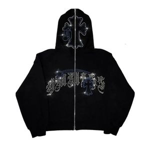 Moda mujer 100% algodón tejido Zip Hoodie manga larga Goth Oversized Top impreso diamantes de imitación letras gráficos estilo gótico - Product Image 1
