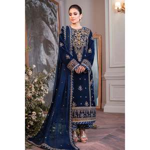 Conjunto de Traje ASIM JOFA-3PC: Camisa Bordada de Terciopelo y Seda con Dupatta Bordada de Chifón y Pantalones - Product Image 1