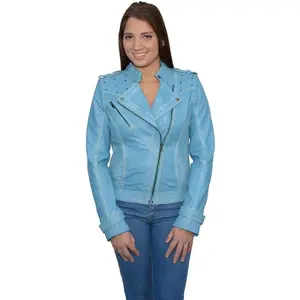 Aqua-chaqueta de cuero de oveja tachonada asimétrica para mujer, chaqueta de cuero