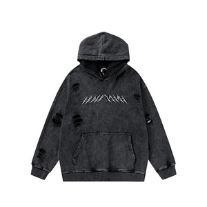 OEM Distressed Patch Broderie Logo Pull à capuche 100% coton Heavyweight Streetwear Distressed Broderie Hommes Sweat à capuche - Product Image 4