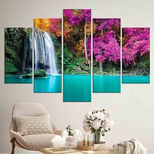 Impresión en lienzo de cascada de árboles morados elegantes: arte con vista al lago natural, JUEGO DE 5 LIEÑOSS MIXTOS - Product Image 1