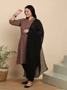 Kurta Droite en Coton à Rayures Imprimées pour Femmes avec Pantalon et Dupatta Longueur Mollet Col Mandarin Manches Trois Quarts Multi - Product Image 4