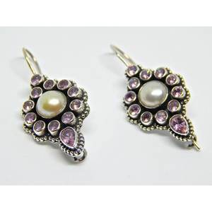 925 Sterling <b>Silver</b> Zircon and <b>Pearl</b> <b>Earring</b> with Faceted Gemstone Gift for Girls and Women Model E0651-GS - Product Image 2